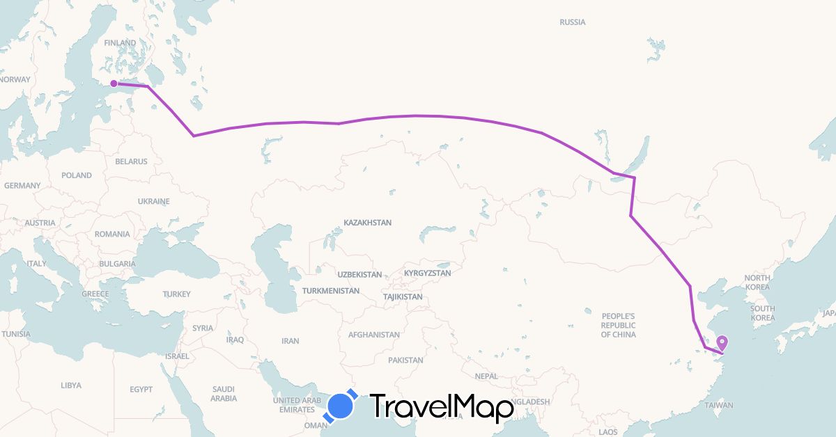 TravelMap itinerary: driving, train in China, Finland, Mongolia, Russia (Asia, Europe)
